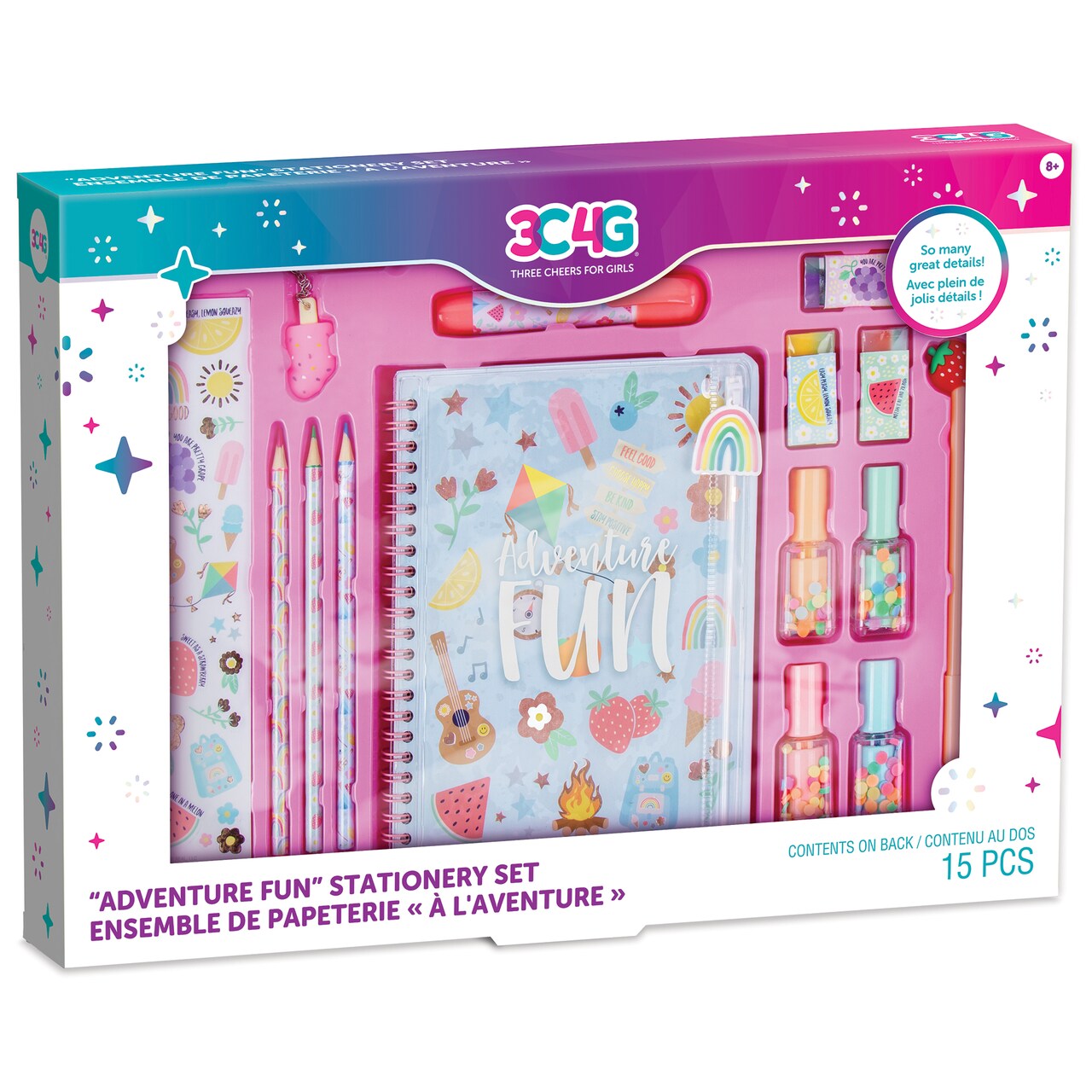 3C4G: Adventure Fun: Stationery Set - 15 Piece Set, Fun-To-Shake Highlighters Shaped Like Nail Polish Bottles, Precious Extendable Eraser Pen, Adorable Stickers, Make It Real, Three Cheers For Girls, Tween & Girls, Kids Ages 8+